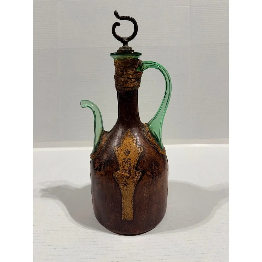 Vintage MCM Italian‎ Leather Wrapped Green Glass Decanter Bottle - 14.5